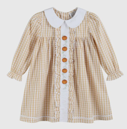 Lil Cactus Light Brown Gingham Pumpkin Vine Ruffle Dress - PRE-ORDER ONLY