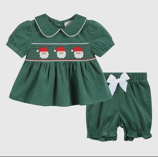 Lil Cactus Green Velvet Smocked Santa Dress and Bloomers - PRE-ORDER ONLY