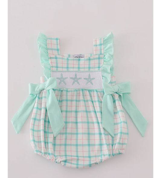 Green Starfish Embroidery Smocked Ruffle Bubble