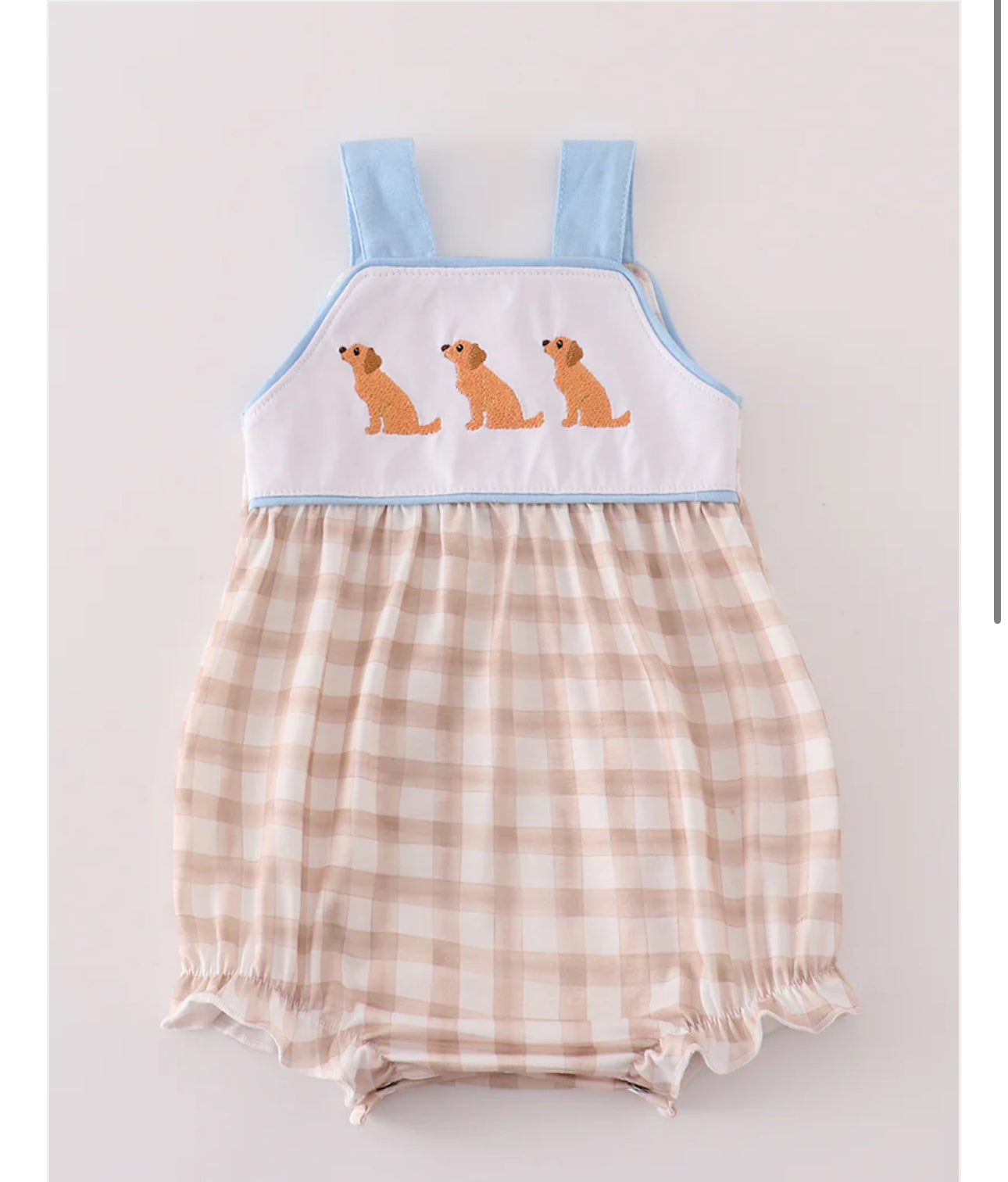 Beige Puppy Embroidery Gingham Bubble