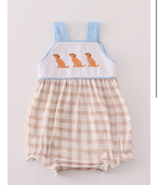 Beige Puppy Embroidery Gingham Bubble