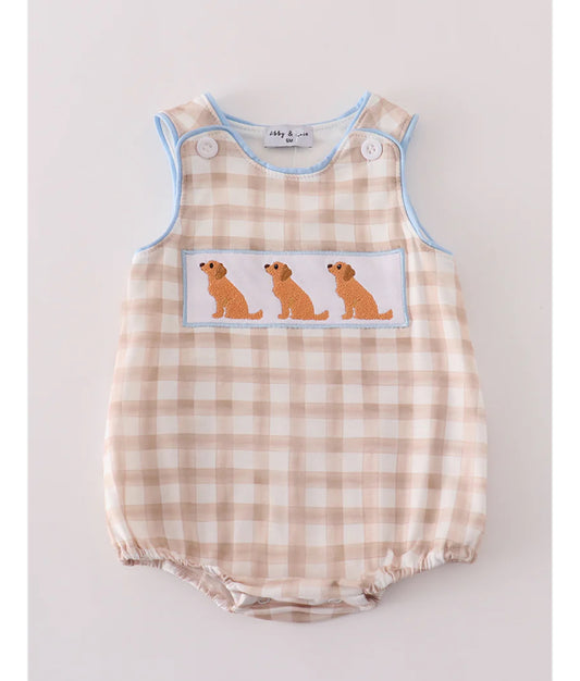 Beige Puppy Embroidery Gingham Bubble