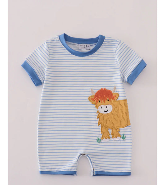 Blue Stripe Buffalo Applique Romper